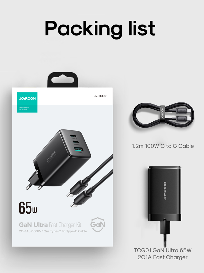 GaN Ultra TCG01 65W 2C1A Fast Charger+100W C to C Cable 1.2m